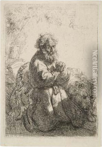 St. Jerome Kneeling In Prayer, Looking Down. Oil Painting - Rembrandt Van Rijn