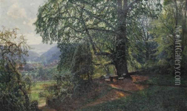 Blick Auf Eine Gartenterrasse Mit Dorf Und Bergen Im Hintergrund Oil Painting - Georg M. Meinzolt