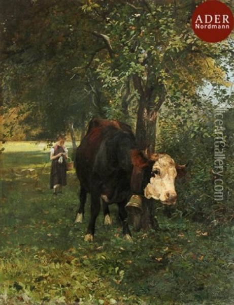 Fillette Et Sa Vache Oil Painting - Eugene Alexis Girardet