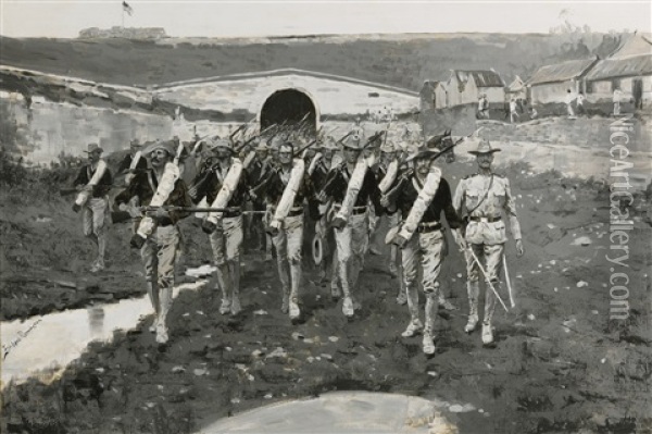 The 9th U.s. Infantry Entering Peking, August 15, 1900 (coming Through The Chinese Wall) Oil Painting - Frederic Remington
