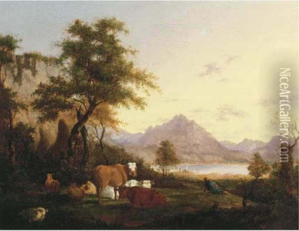 A Mountainous Italianate Landscape With A Herdsman Resting With Hiscattle By A Lake Oil Painting - Jacob Van Stry