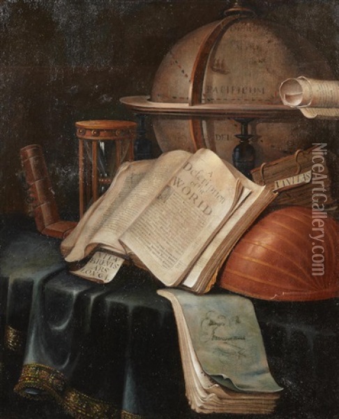 A Vanitas Still Life With A Globe, Books, An Hour-glass And A Musical Instrument On A Draped Table-top Oil Painting - Edward Collier