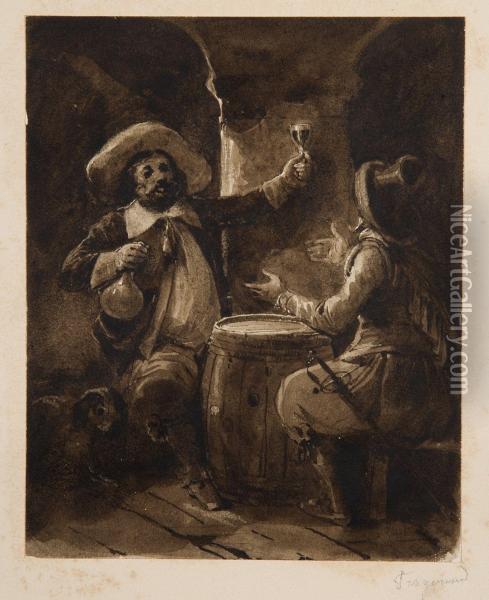 Deux Buveurs A La Taverne Oil Painting - Theophile Evariste Fragonard