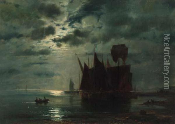 Fishing Boats In A Harbour By Moonlight Oil Painting - Ferdinand Konig