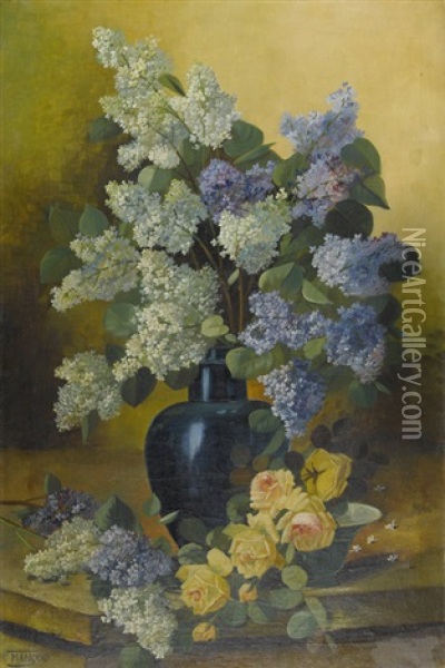 Stillleben Mit Flieder In Blauer Vase Oil Painting - Josef Mangold