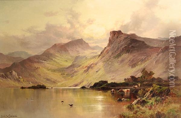 Highland Loch With Cattle Oil Painting - Alfred de Breanski
