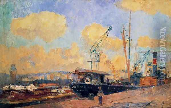 Steamers and Barges in the Port of Rouen, Sunset Oil Painting - Albert Lebourg