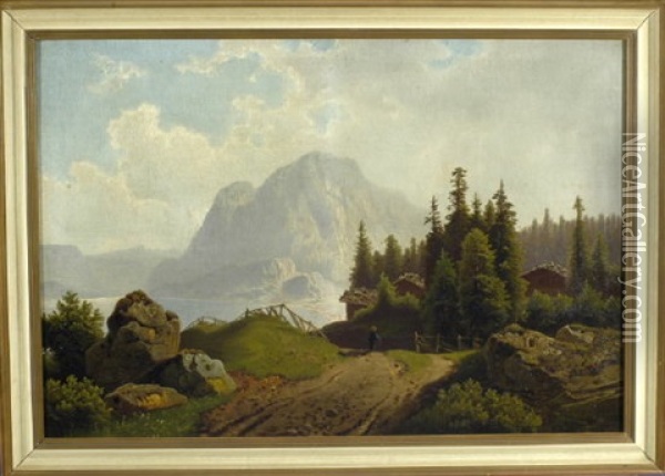 Wanderer In Gebirgslandschaft Mit See Oil Painting - Theodor (Wilhelm T.) Nocken