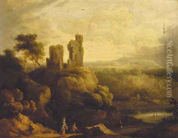 Figures on a track, Dinefwr Castle and the Towy Valley beyond Oil Painting - English School