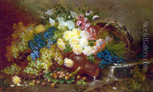 Still Life with Grapes and Roses Oil Painting - Max Carlier