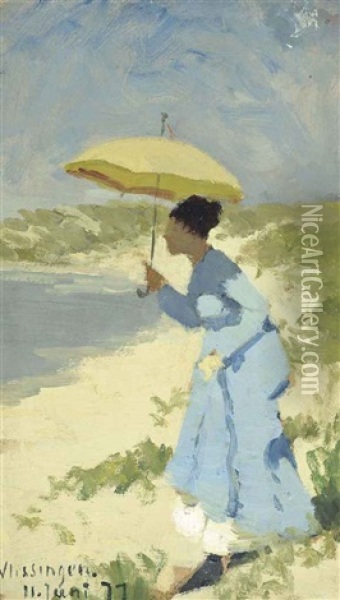 A Lady On The Beach Under A Parasol Oil Painting - Hans Dahl