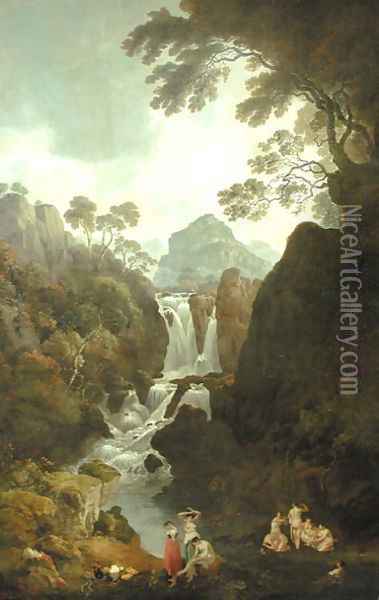 A Waterfall with Bathers Oil Painting - Julius Caesar Ibbetson