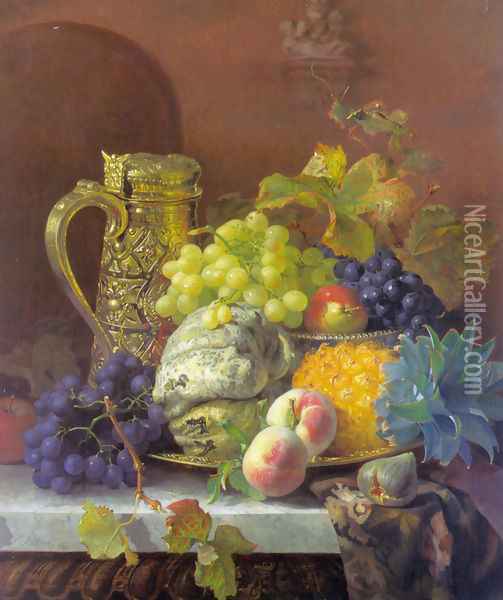 Fruits on a tray with a silver flagon on a marble ledge Oil Painting - Eloise Harriet Stannard
