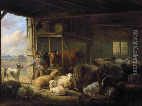 Stallszene Mit Hirte Und Hund Oil Painting - Eugene Joseph Verboeckhoven
