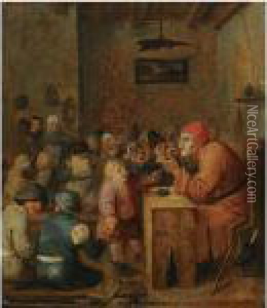 A Schoolroom Interior With Children Gathered Around Aschoolmaster Oil Painting - Adriaen Brouwer