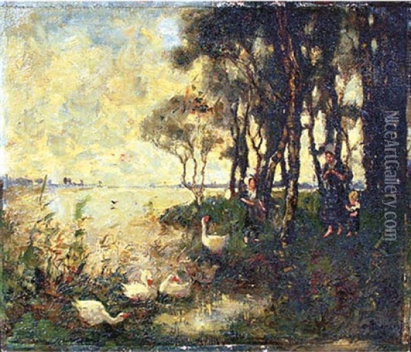 Feeding The Geese On The Waterside Oil Painting - Cornelis Koppenol