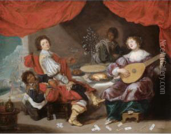 An Interior With A Lady And Gentleman Making Music And Feasting Oil Painting - Simon de Vos