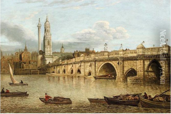 A View Of Old London Bridge Looking Towards Monumentand The Church Of St Magnus Oil Painting - John Paul