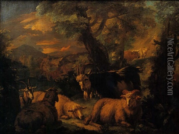 Paesaggio Con Animali, Mercurio E Bacco Oil Painting - Pieter Mulier the Younger
