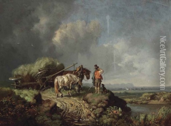 A Landscape With A Fallen Hay Wain Oil Painting - Heinrich Buerkel