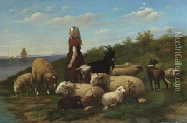 Shepherdess With Flock Of Sheep Near The Water Oil Painting - Frans Van Leemputten