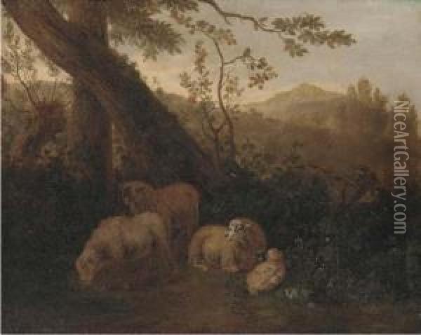 A Wooded Landscape With Sheep In The Foreground Oil Painting - Simon van der Does