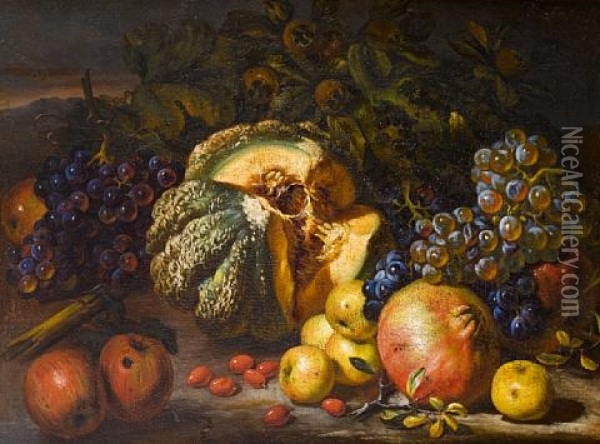 A Still Life Of Grapes, A Melon, Pomegranates And Apples Oil Painting - Giuseppe Ruoppolo