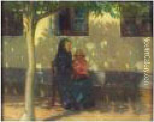 Christiane Uggerholt Med Det 
Lille Barn Uden For Huset, Solskin (christiane Uggerholt With Her 
Grandchild) Oil Painting - Anna Ancher