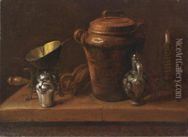 A Still Life With A Silver Sugar Jar, A Copper Bowl On A Stove, A Stoneware Jug And Pot, A Candle And A Pair Of Bellows, All On A Stone Ledge Oil Painting - Georg Held