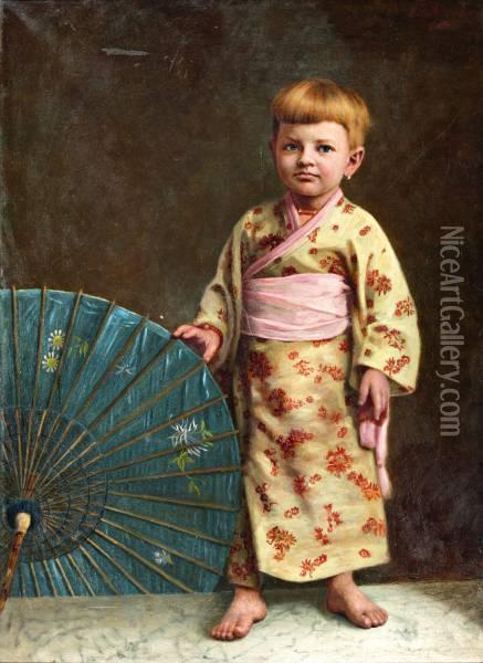 Kindje In Kimono Met Blauwe Parasol Oil Painting - Jan Hendrick Breyer