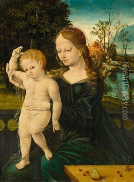 Madonna And Child Before A River Landscape Oil Painting - Bernaert (Barend) van Orley