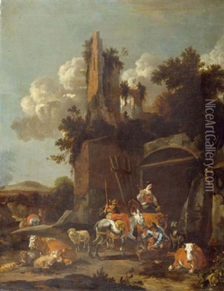 Hufschmied Und Hirten Mit Tieren Vor Ruinen Oil Painting - Johannes van der Bent