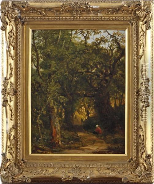 A Woman On A Woodland Track Oil Painting - James Thomas Linnell