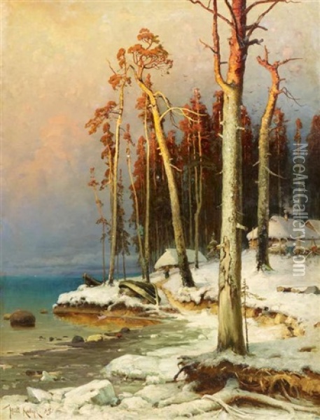 Fischerdorf Am Peipussee. Winterabend Oil Painting - Yuliy Yulevich (Julius) Klever
