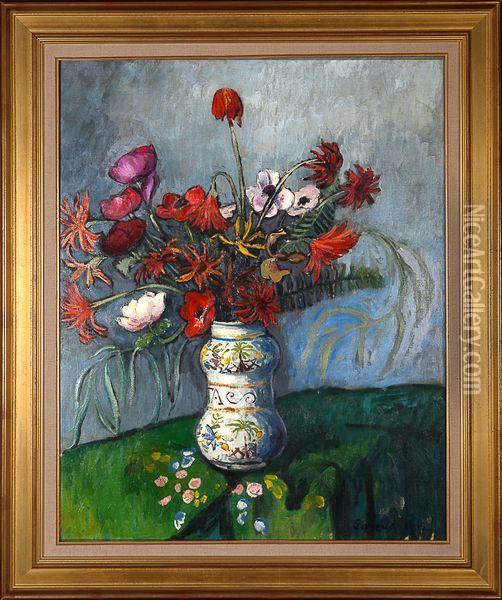 Bouquet De Fleurs Dans Un Vase Albarello Oil Painting - Pierre Paul Girieud