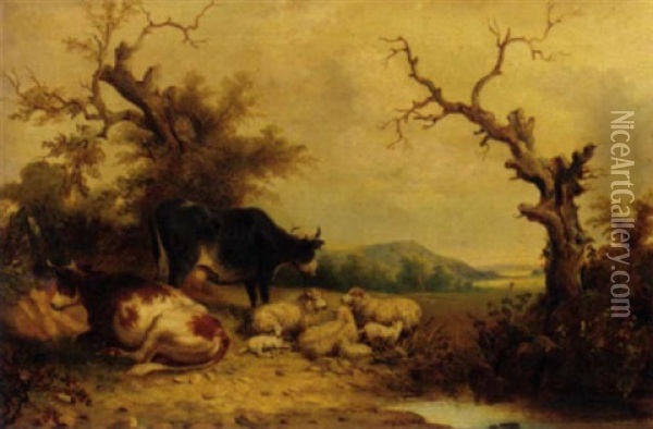 Cattle And Sheep By A Pond In An Extensive Landscape Oil Painting - Thomas Francis Wainewright