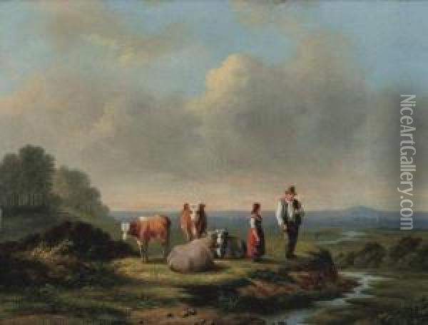 Landschap Met Koeien En Hoeder Oil Painting - Jan Van Ravensway