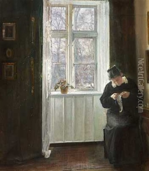 Interior Med Ung Pige, Der Syr Ved Vinduet Oil Painting - Carl Vilhelm Holsoe