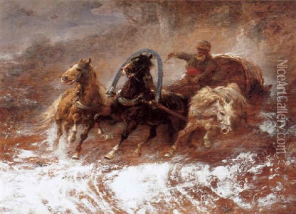 Horse-drawn Sleigh In A Winter Landscape Oil Painting - Adolf Schreyer