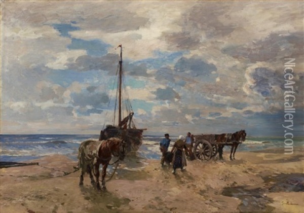 Fishermen On The Beach Oil Painting - Gregor von Bochmann the Elder