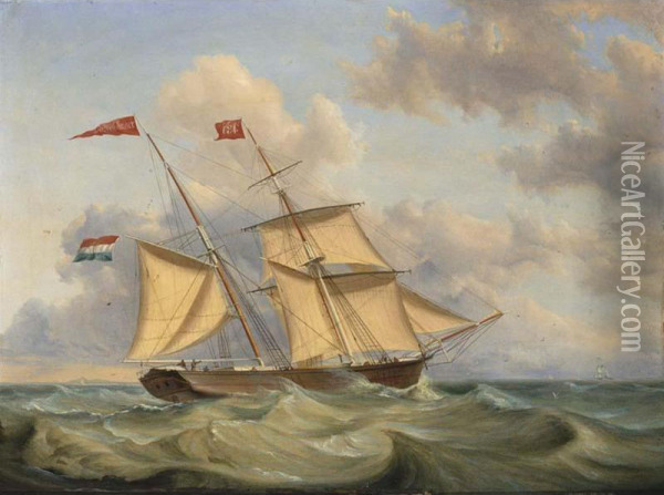 The Maria Johanna Off The Coast; The Theodora Josina At Full Sea (a Pair) Oil Painting - Casparus Johannes Morel