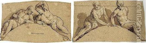 Two Studies Of Reclining Male Nudes, For Overdoors Oil Painting - Pietro Malombra