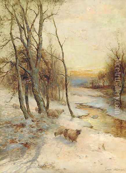 Sheep in a winter landscape, evening Oil Painting - Ernst Walbourn