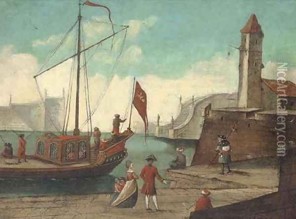 A Mediterranean harbour with elegant figures and a cleric on a quay shipping beyond Oil Painting - German School