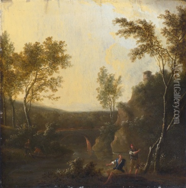 Two Figures Beside A River, A Bridge Beyond Oil Painting - Frederick De Moucheron