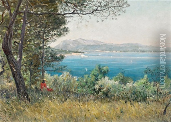 Lesende Frau In Den Hugeln Oberhalb Der Cote D' Azur Oil Painting - Eugene Baptiste Emile Dauphin