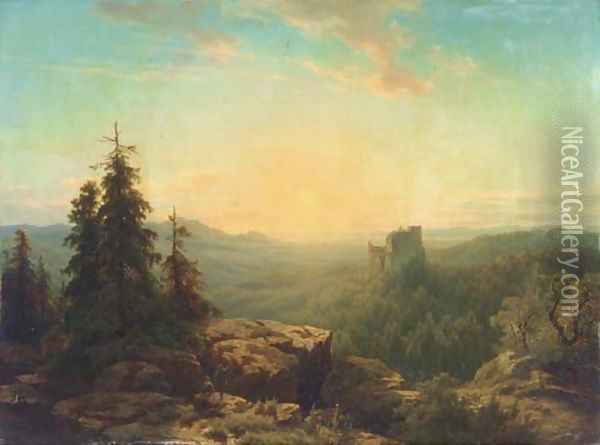 A panoramic view of a valley with a ruin at sunset Oil Painting - Cornelis Lieste