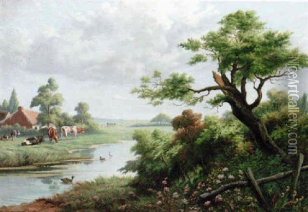 Landscape With Cows Oil Painting - Jef Louis Van Leemputten