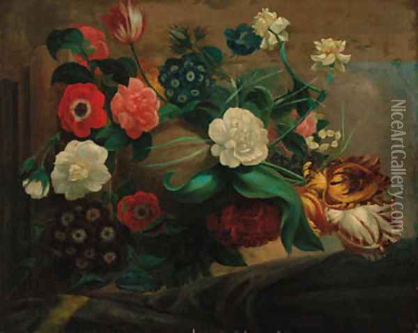 Parrot tulips, anemonies, narcissae, convulvulae, auriculars, rosebuds and other flowers in an urn on a stone ledge Oil Painting - Godfried Schalcken