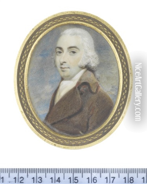 A Gentleman, Wearing Brown Coat, Pale Yellow Waistcoat, White Stock And Cravat, His Powdered Wig Tied With Grey Ribbon Oil Painting - John Wright